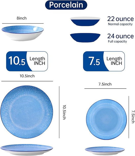 Bestone 12-Piece Round Porcelain Dinnerware Set, Service for 4, Chip Resistant Plates and Bowls,Blue, Dishwasher & Microwave Safe for Home Daily Use