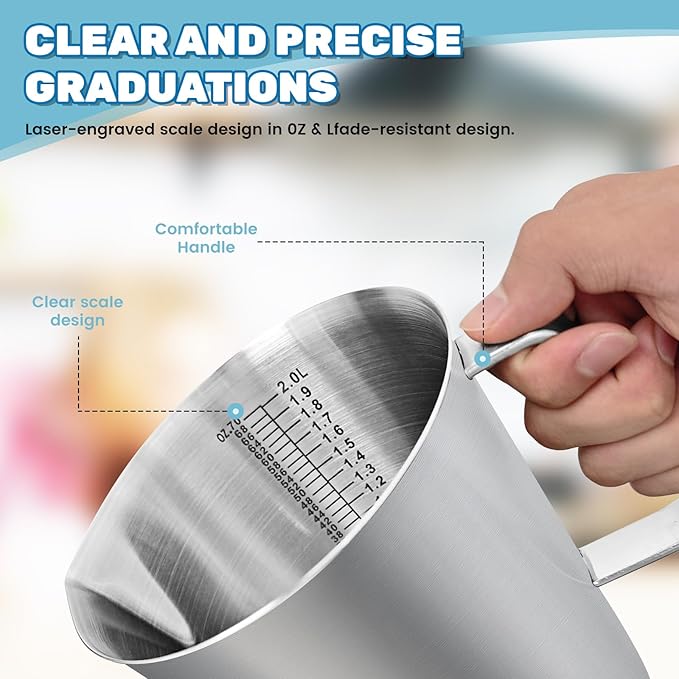 70 oz Stainless Steel Pitcher with Lid, Metal Measuring Cup with Marking with Handle, 2 L Large Mouth Graduated Beakers, Milk Frothing Jug for Espresso Machines, Latte Art, Iced Tea, Hot/Cold Water