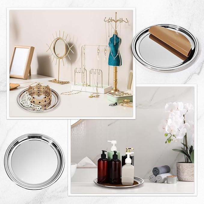 LemonRoad 2 Set Round Silver Mirror Decorative Tray 11.81 Inches Stainless Steel Metal Serving Tray Mirrored Finish Circular Bar Platter with Anti Slip Mat Vanity Kitchen Organizer for Home