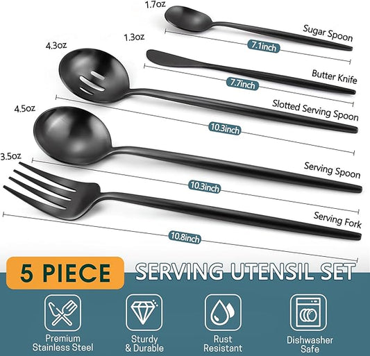 5-Piece Matte Black Stainless Steel Serving Utensils Set - Large and Slotted Spoons, Fork, Sugar Spoon, Butter Knife - Dishwasher Safe