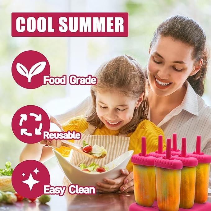 New Resunable Popsicles Molds,Pack of 6 Pce Ice Popsicle Maker- Food Grade BPA Free,Easy-Release Ice Pop Molds,Diy Homemade Popsicle Molds with Resunable Popsicle Sticks (Rose Red)