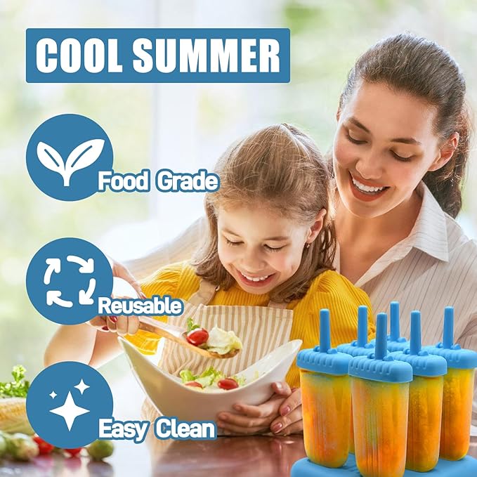 New Resunable Popsicles Molds,Pack of 6 Pce Ice Popsicle Maker- Food Grade BPA Free,Easy-Release Ice Pop Molds,Diy Homemade Popsicle Molds with Resunable Popsicle Sticks (Sky Blue)