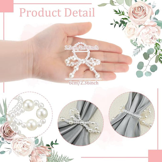 12 Pcs Pearl Bow Napkin Rings Imitation Bow Pearl Ring Napkin Holder Delicate Beaded Serviette Buckles for Christmas Wedding Party Dinner Table Decor and Daily Use