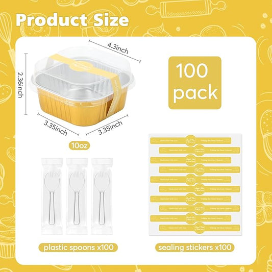 Ruckae 10oz 100 Pcs Square Mini Loaf Pans with Lids-Disposable Foil Dessert Containers,Mini Cake Pans with Lids,Aluminum Dessert Cups for Parties and Weddings (Gold, 10oz)