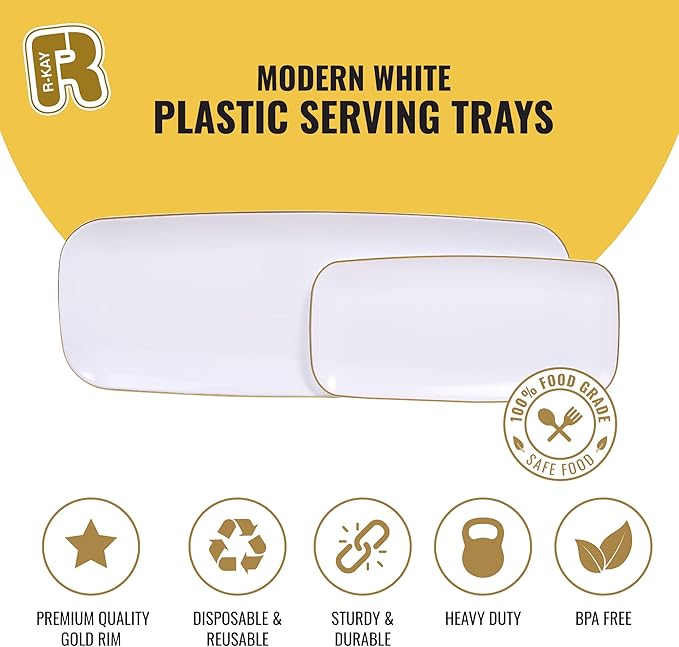 R-kay 4 Pack Gold Rim Plastic Serving Trays - 10 by 5.5 in Heavy Duty Rectangular Platters for Food and Desserts - Premium White Party Trays