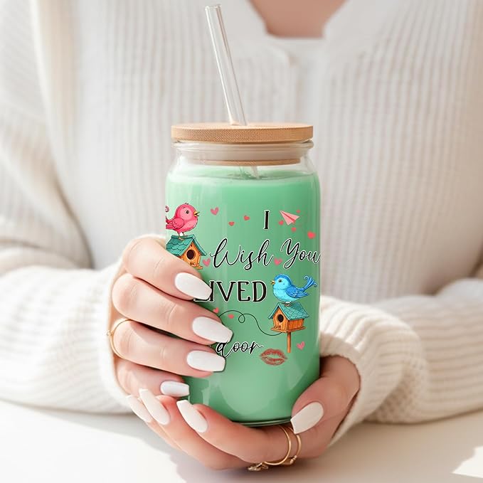 Wish You Lived Next Door Glass Cups with Lids and Straws 16 Oz Friendship Iced Coffee Cup Moving Away Drinking Jar for Women Men Long Distance Housewarming Valentines Gift for Soulmate C