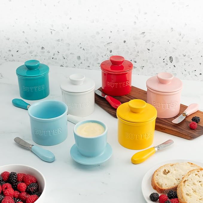 Zulay Kitchen Bell Shaped Butter Crock with Lid for Countertop with Water Line & Spreader Knife, Ceramic French Butter Dish Keeper For Fresh, Soft & Spreadable Butter - Speckled White