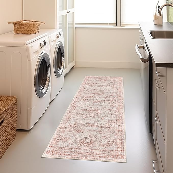 Rug Runners for Hallways Non Slip - 2x8 Runner Rug for Bedroom, Washable Runner with Rubber Backing, Soft Low-Pile Carpet for Kitchen, Laundry, Bathroom (2'x8', Pink/Ivory)
