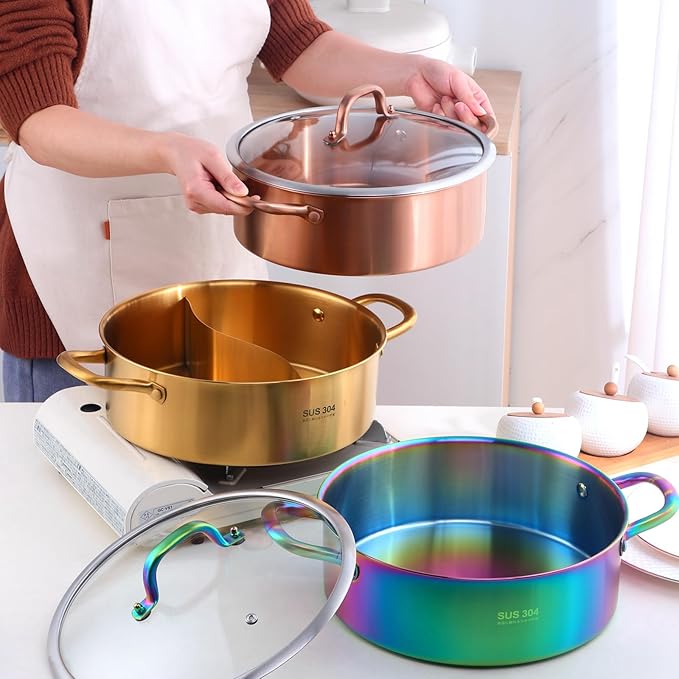 11.8 Inch Stainless Steel Shabu Hot Pot with Divider, Glass Lid Dual Sided Stockpots, Slotted Spoon and Soup Ladle for Induction Cooktop Gas Stove,Dishwasher safe (Rose Gold)