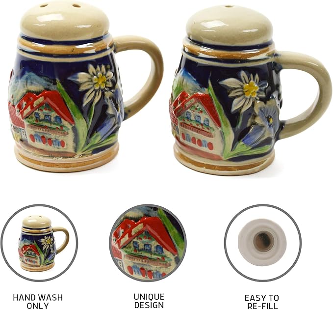 Alpine Village Beer Stein German Kitchen Ceramic Salt and Pepper Shakers Set by E.H.G