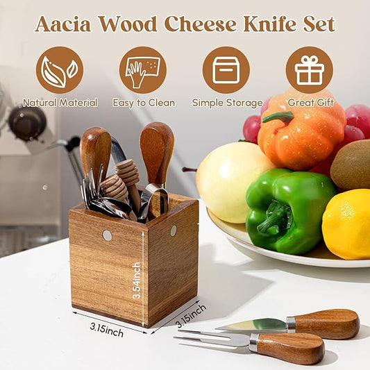 Hushee 42 Pcs Charcuterie Boards Accessories with Magnetic Acacia Wood Holder Wooden Cheese Knife Set for Wood Handle Butter Knives for Cheese Knife Slicer with Tongs, Spoons, Forks, Honey Dipper