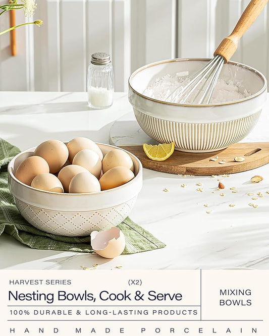 getstar Large Serving Bowls, Ceramic Salad Bowl Set of 4, Microwave and Dishwasher Safe, Farmhouse Kitchen Decorative Nesting Bowls Set (8"+7")