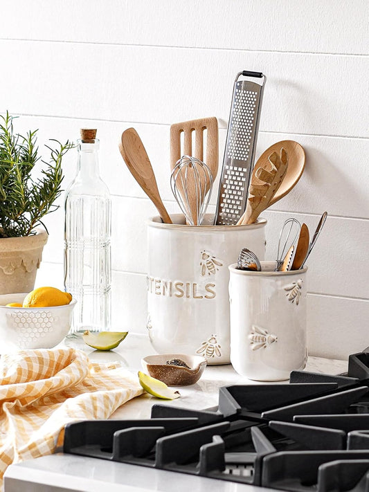 LE TAUCI Utensil Holder for Kitchen Counter - 6.9"+5.3" Ceramic Kitchen Utensil Holder Set of 2, Large Cooking Utensil Crock & Organizer for Spatula, Spoon - Embossed Kitchen Decor, White,Bee