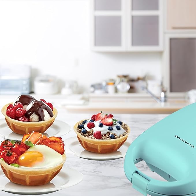 OVENTE Electric Waffle Bowl Maker for Breakfast with Non-Stick Coating, 520W Power, Indicator Light and Cool Touch Handle, Perfect for Homemade Ice Cream Cups & Delicious Desserts, Turquoise WMB2405BL