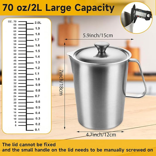 LANIAKEA Stainless Steel Measuring Pitcher with Lid 70 oz / 2L Metal Measuring Cup with Marking with Handle Wide Mouth Graduated Cup for Milk Frothing,Latte Art,Espresso, Hot & Cold Water, Iced Tea