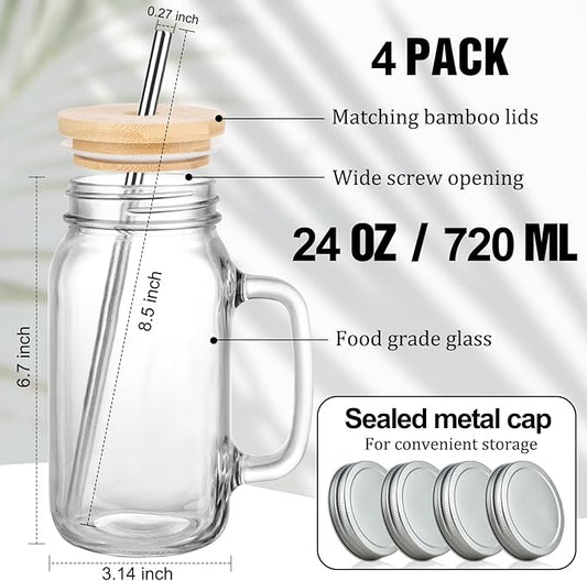 24 oz Mason Jar Cups with Handles, Wide Mouth Iced Coffee Cup with Bamboo Lids & Straws, Large Glass Bottle Mug Drinking Jars Tumbler for Smoothie Cold Water Juice Party Beverages, Set of 4