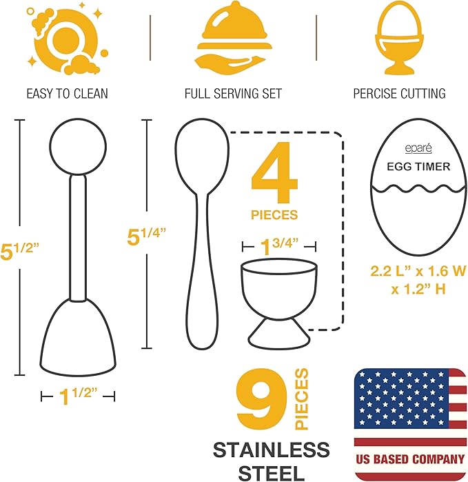 Eparé Egg Cups for Soft Boiled Eggs with Spoons & Egg Timer - Stainless Steel Egg Topper - Durable Egg Opener Topper Cutter - Giftable Egg Cracker Tool for English Breakfast
