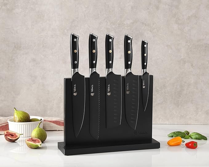 Wakoli Titanium Noir Knife Block Set – 5-Piece Chef Knife Set with Magnetic Acacia Block | 5Cr15MoV Stainless Steel Blades with Black Titanium Coating | Ergonomic G10 Handles | Kitchen Knives Gift Set
