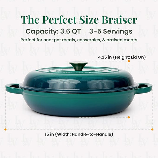 Larder & Vine Enameled Cast Iron Braiser | 3.6 qt Braiser Pan with Lid | Shallow Dutch Oven Compatible on All Cooktops | Casserole Dish Oven Safe to 500° F | Dual Handles | Bondi