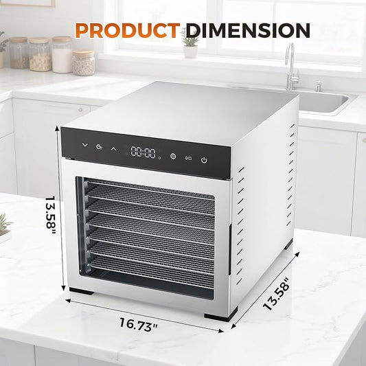 OLIXIS Food Dehydrator Machine, 500W Jerky Dehydrators with 8 Stainless Steel Large Trays, 185°F Temperature Control & 24H Timer Food Dryer for Fruit Meat Herb Dog Treats, Silver