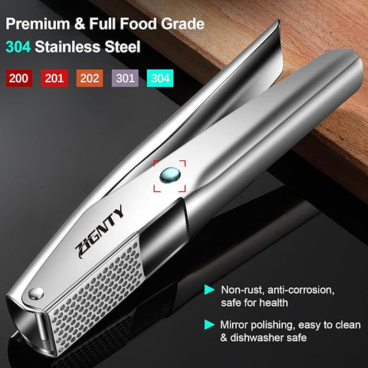 Professional Garlic Press Stainless Steel,No Need to Peel Garlic Mincer Tool with Large Trough, Dual Lever-Assisted Garlic Presser & Masher Easy Clean, Garlic Crusher Dishwasher Safe Rust Proof