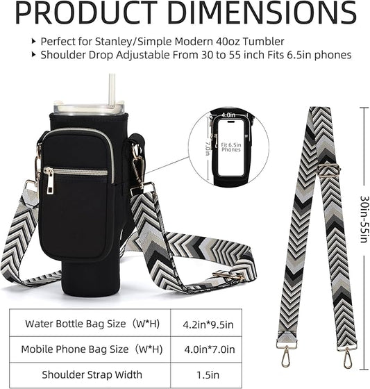 Water Bottle Carrier Bag for Stanley 40/30 oz Tumbler with Phone Pocket Neoprene Water Bottle Holder with Shoulder & Handheld Strap Stanley Cup Accessories