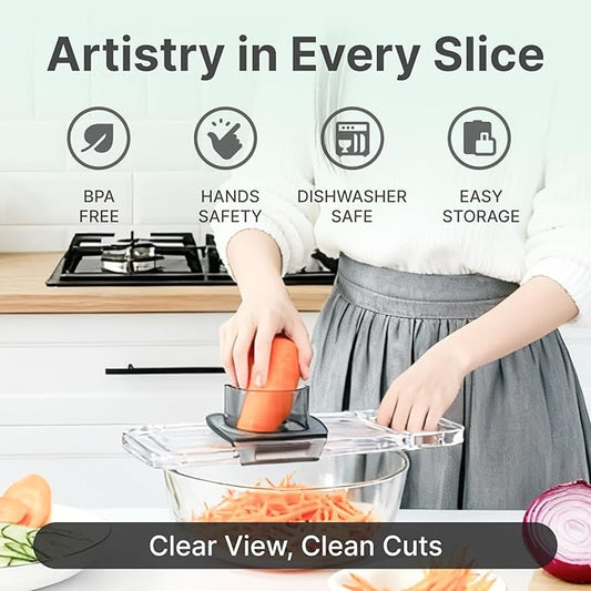 6-in-1 Mandoline Slicer for Kitchen - Easy to Use Vegetable Chopper & Compact Julienne Slicer with Safe Guard & Crystal Clear Body - Handheld Food Slicer Cutter for Healthy Salad, Potato, Onion