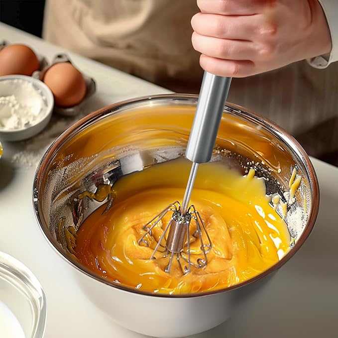 OOKUU Stainless Steel Egg Whisk, Semi Automatic Whisk Blender - Versatile Tool for Blending, Whisking, Beating & Stirring (12in)