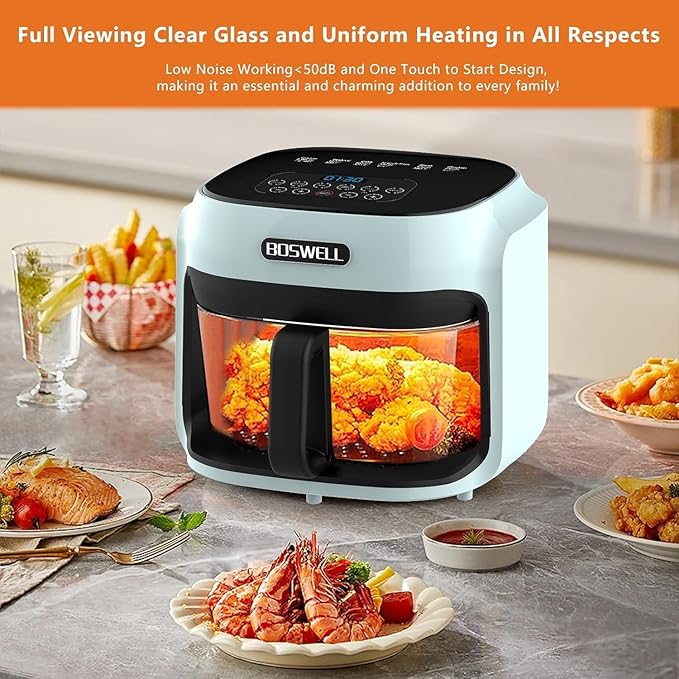Glass Air Fryer, 7.8QT with Transparent Fry Bowl, Circulating Heating, Temperature Control, Air Fryer Roast, Dishwasher Safe (Green)
