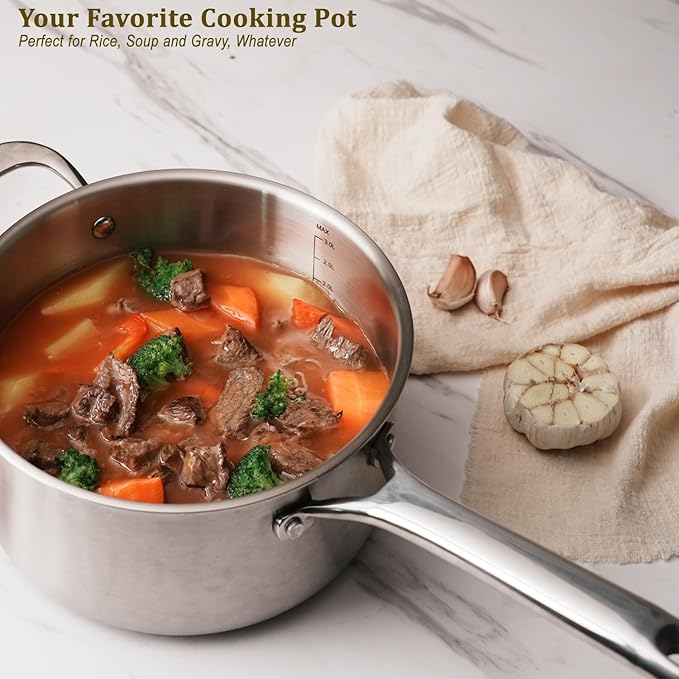 Rokasala 5 QT Saucepan with Lid,3-Ply Stainless Steel Stockpot,Professional Grade Cookware,Induction Compatible
