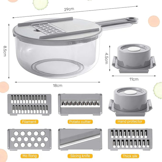 Mandoline Slicer with Hand Protector, Interchangeable Blade Vegetable Slicer Mandoline, Cucumber Slicer with Colander for Potato, Tomato, Carrot (Grey)