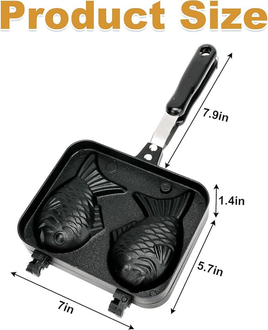 Taiyaki Fish Shape Cake Pan,Non-stick Double Waffle Cake Maker with Long Handle and Oil brush,for Dessert,Dorayaki,Red Bean Pie,mini Cheese Cake