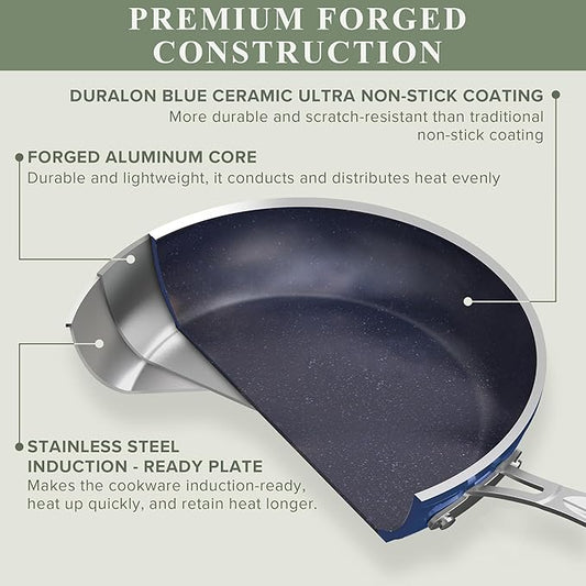 Nuwave Healthy Duralon Blue Ceramic Nonstick Cookware Set, Diamond Infused Scratch-Resistant, PFAS Free, Dishwasher & Oven Safe, Induction Ready & Evenly Heats, Tempered Glass Lids & Stay-Cool Handles