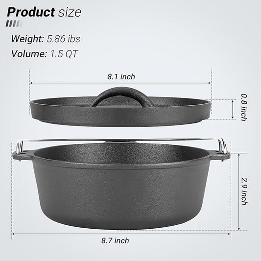 Northriver Casting Cast Iron Dutch Oven Pot with Lid, for Small Dishes, Side Dishes, Camping Cookware set, BBQ, Garlic Roaster, 1.5 Quart Pan