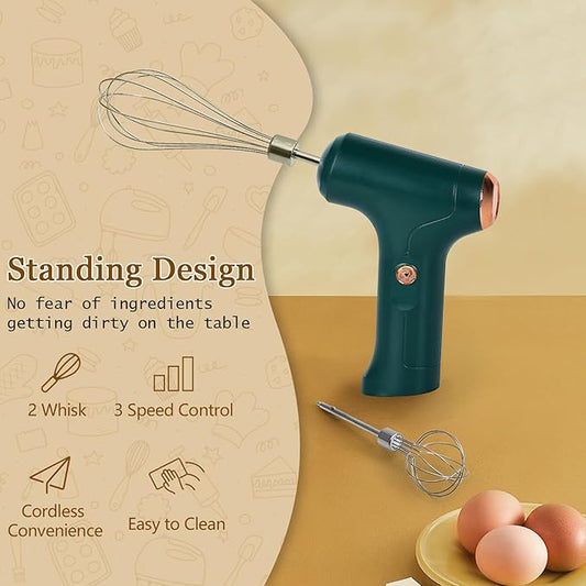 CHIDOYII Cordless Hand Mixer, Handheld Electric Whisk with 3 Speed Modes, Hand Held Egg Beater with 2 Detachable Stir Whisks (Green)