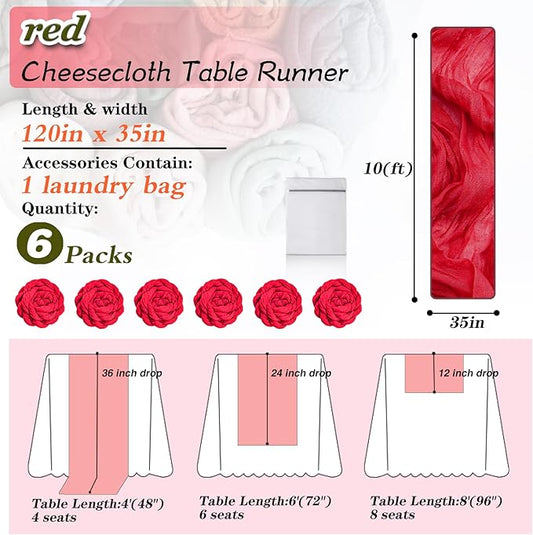 Red Cheesecloth Table Runner 6 Pack 35" Boho Gauze Runner 120 inches Long Runner Rustic Sheer Fabric Bulk for Baby Shower Wedding Bridal Birthday Party Table Decorations