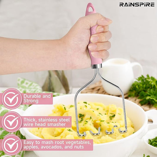 Rainspire Potato Masher Stainless Steel, Mashed Potato Masher Kitchen Tool, Durable Mash Potatoes Masher, Soft Non-slip Handle, Kitchen Utensils, Kitchen Gadgets, Pink