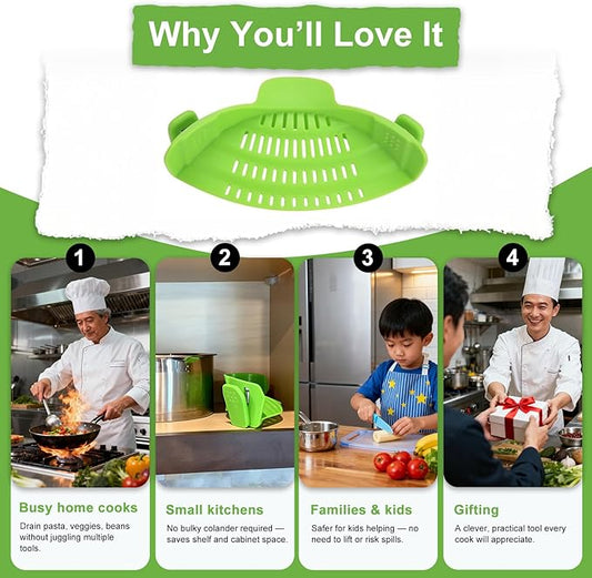 Universal Clip On Pot Strainer - Heat Resistant Silicone Snap-on Drainer & Colander for Pasta, Grease & Vegetables, Hands-Free Kitchen Gadget for Pans & Bowls, Space-Saving & Dishwasher Safe