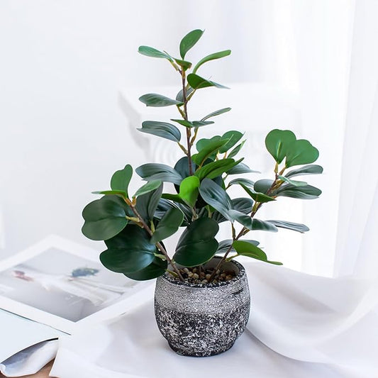 15" Fake Plants in Rustic Black Vase Real Looking and Touching Evergreen Ficus Leaf Faux Plant indoor for Book Shelf Bathroom Office Desk Kitchen Counter Bedroom Small Space Artificial Plant Decor