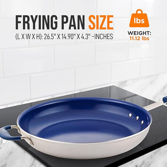 NutriChef 14" Non-Stick Large Frying Pan, Ceramic Coating, Stainless Steel Aluminum Frying Pan with Silicone Handle, Stain-Resistant, PFOA Free – Safe for Gas, Electric, Induction, Ceramic Cooktops