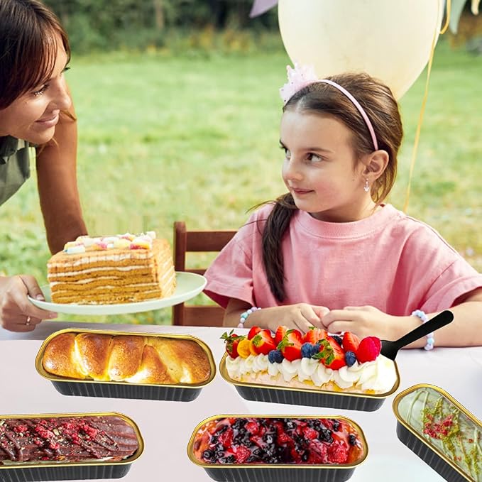 50 Pack Mini Loaf Pans with Lids and Spoons, 6.8 Oz Mini Cake Pans with Lids for Baking,Black Disposable Rectangle Aluminum Foil Loaf Pan with Ribbon Stickers,Small Cake Containers Tin(Black)
