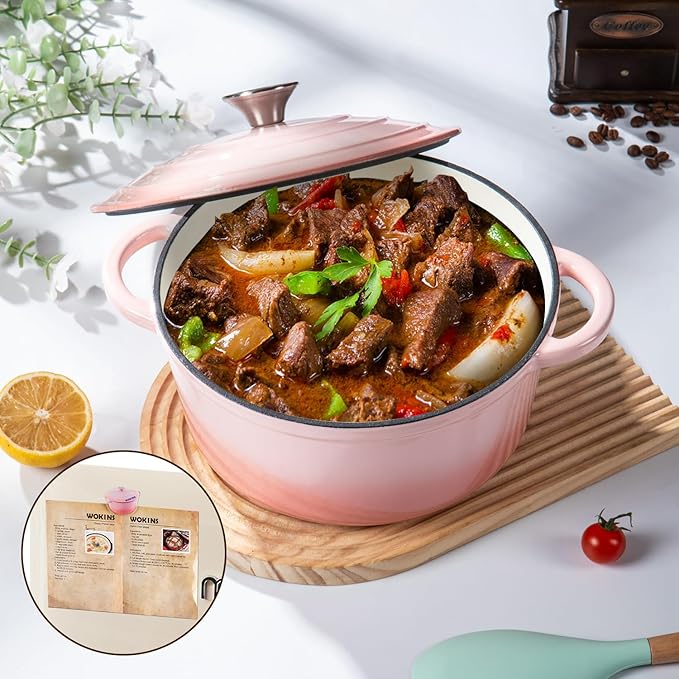 WOKINS Enameled Cast Iron Dutch Oven Pot with Lid Heavy-Duty Cookware for Bread Baking,Braising,Stews,Roasting,Oven Safe up to 500°F,5.5QT,pink