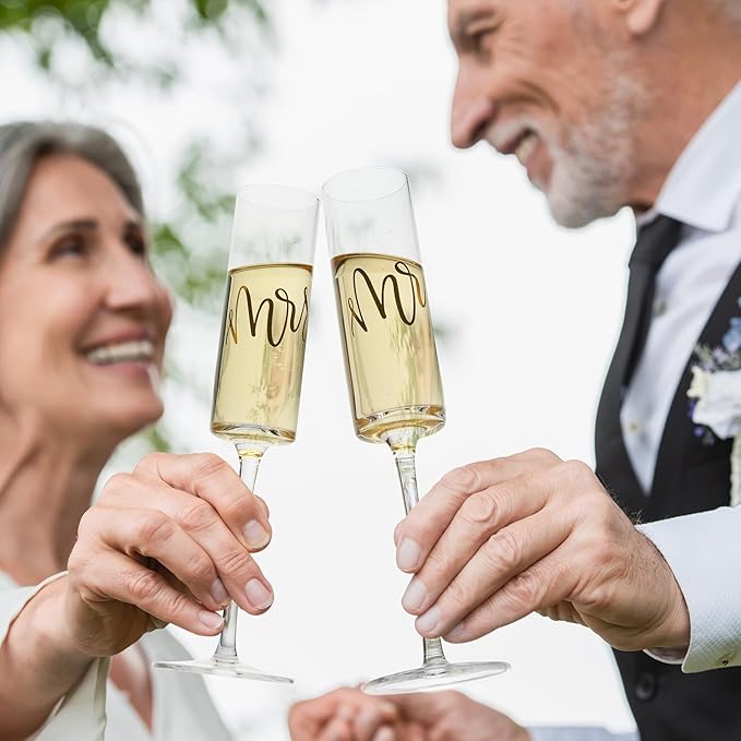 AW BRIDAL Mr and Mrs Champagne Flutes Set of 2, Engagement Bridal Shower Gifts for Couple Newlyweds, Wedding Anniversary Toasting Glasses with Wooden Box for Bride Groom