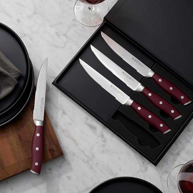 HENCKELS Forged Accent Razor-Sharp Steak Knife Set of 4, Red, German Engineered Knife Informed by over 100 Years of Mastery