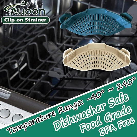 AUOON Clip On Strainer Silicone for All Pots and Pans, Pasta Strainer Clip on Food Strainer for Meat Vegetables Fruit Silicone Kitchen Colander (Fog Blue)