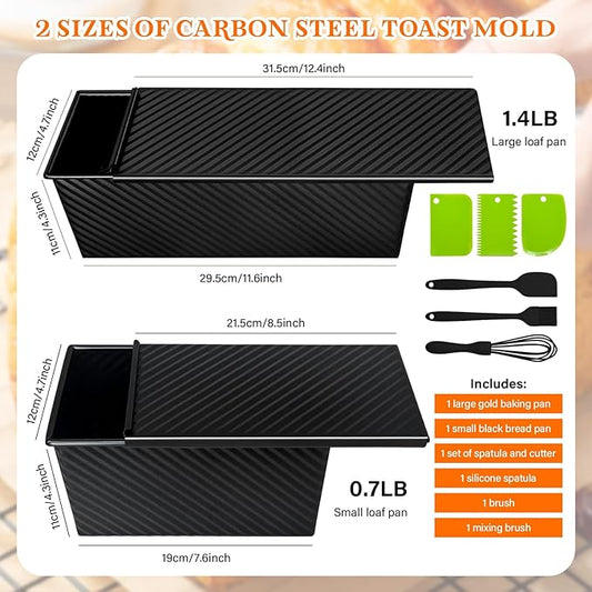 Pullman Loaf Pan Set with Lids – 2 Pack Nonstick Bread Pans for Baking, 2.2lb & 1lb Dough Capacity, Carbon Steel Sandwich Toast Mold for Shokupan, Pain de Mie & Sourdough with Baking Tools