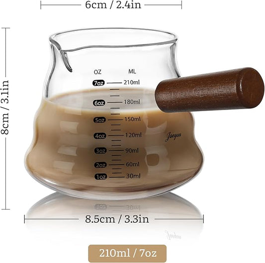 Joeyan 7 oz Glass Measuring Cup, Espresso Shot Glasses with Spout and Wooden Handle, Clear Milk Frothing Pitcher, Wave Shaped Borosilicate Espresso Bar Accessories for Coffee