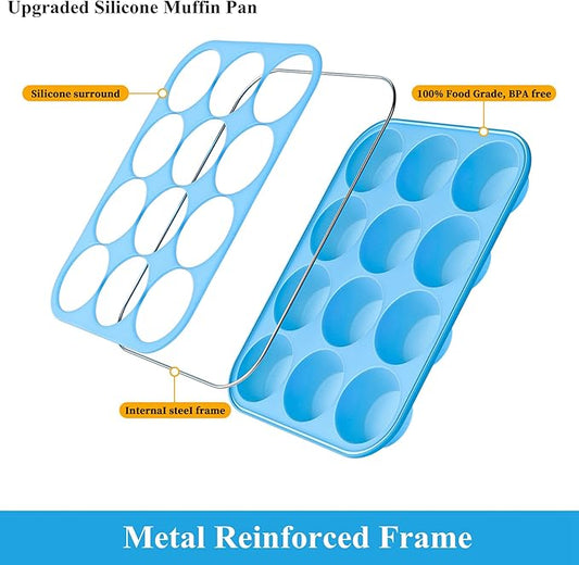 Bangp 2Pack Silicone Muffin Pans for Baking with Metal Reinforced Frame,12 Cup Regular Size Cupcake Pan,Premium Non-Stick Bend Resistance Silicone Muffin Tray for Pudding,Cakes,Tart,Egg Bites(Blue)