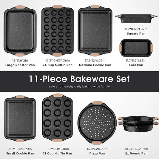 Slow Slog 11-Piece Baking Pans Set, Nonstick Bakeware Sets, Oven Pans for Baking with Silicone Handles, Includes Cookie Sheet, Cake Pans, Loaf Pan, Pizza Pan, Muffin Pan, Khaki&Black