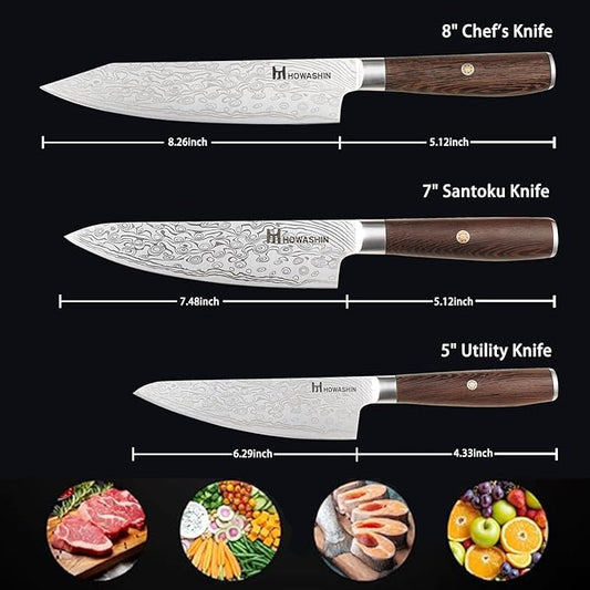 3PCS Chef Knife Set, Japanese Knife Set, Sharp High Carbon Stainless Steel Forged Blade Professional Kitchen Knives Set with Ergonomic Handle,Damascus Knives Set for kitchen with Gift Box